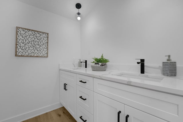 bathroom featuring hardwood / wood-style flooring and vanity