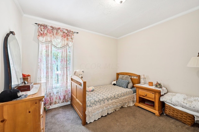 carpeted bedroom featuring ornamental molding