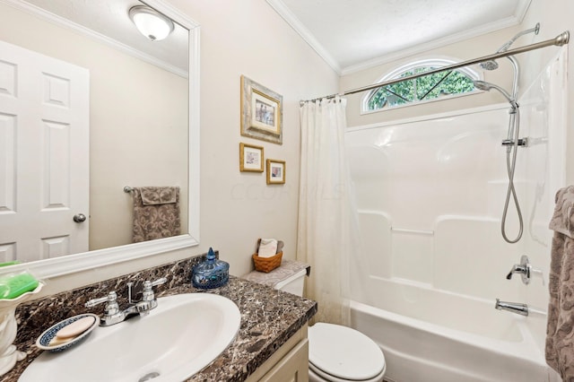 full bathroom featuring shower / bath combo, toilet, crown molding, and vanity