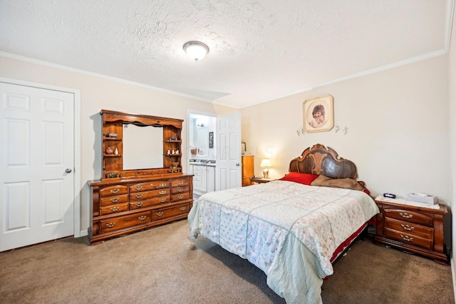 bedroom with carpet, ornamental molding, a textured ceiling, and ensuite bath