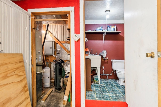 interior space with electric panel and toilet