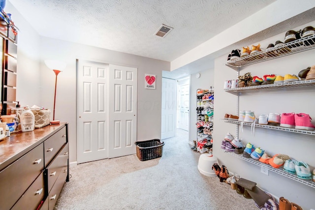 interior space featuring light colored carpet and a textured ceiling