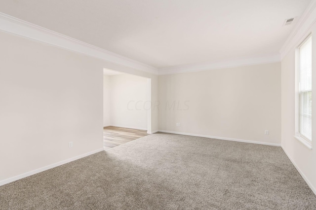 carpeted spare room with crown molding