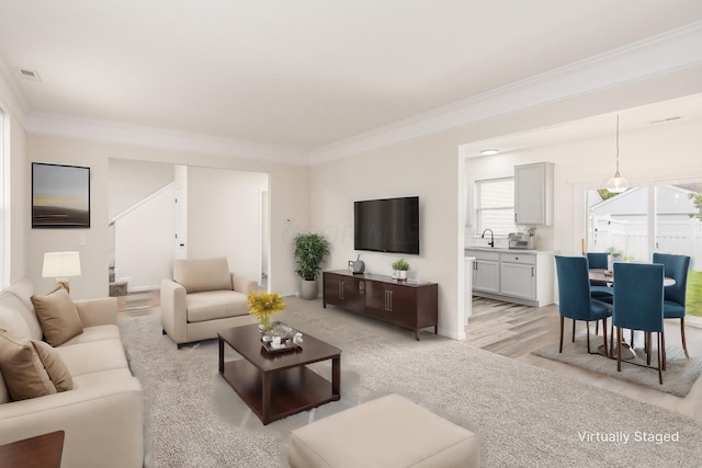 living room with light hardwood / wood-style flooring, crown molding, and sink