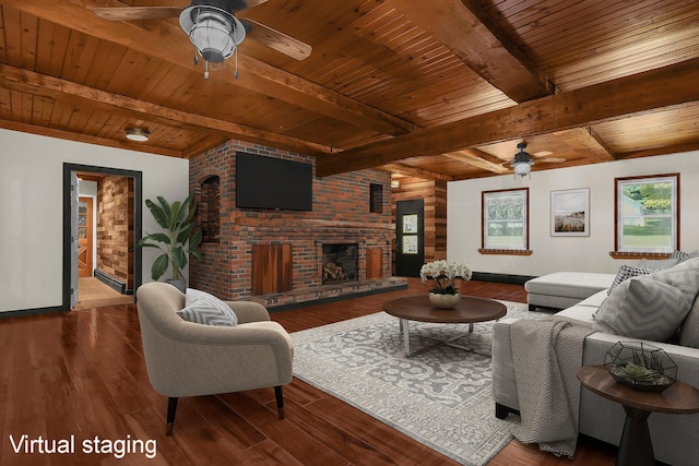 living room with a fireplace, hardwood / wood-style floors, beam ceiling, and wood ceiling