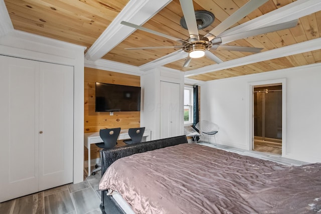 bedroom with hardwood / wood-style flooring, ceiling fan, beam ceiling, and wooden ceiling