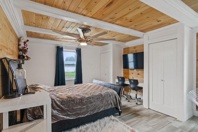 bedroom with beamed ceiling, ceiling fan, and wood ceiling