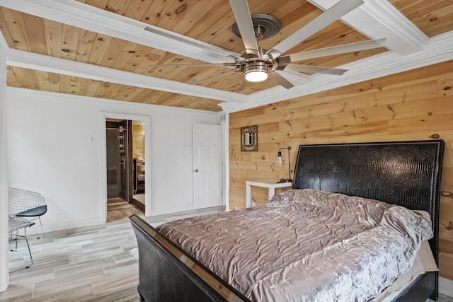 bedroom with beam ceiling, ceiling fan, light hardwood / wood-style floors, wooden walls, and wood ceiling