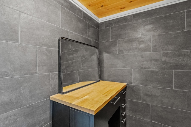 bathroom with wooden ceiling