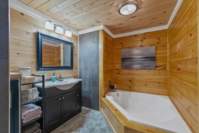 bathroom with wooden ceiling, a bath, wood walls, vanity, and hardwood / wood-style flooring