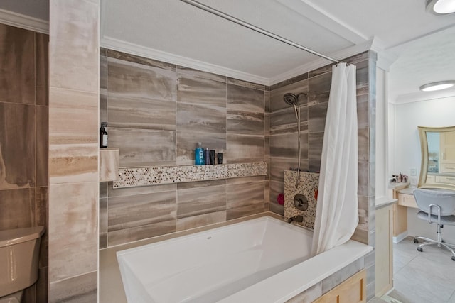 bathroom featuring shower / bath combo with shower curtain, tile walls, and ornamental molding