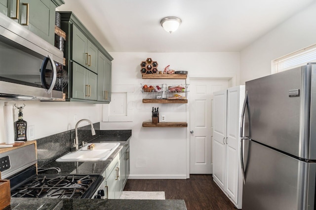 kitchen featuring green cabinets, dark hardwood / wood-style flooring, sink, and appliances with stainless steel finishes