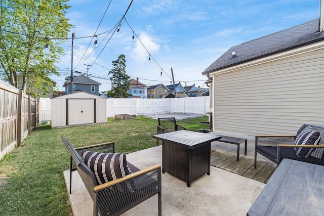 view of patio / terrace featuring an outdoor living space with a fire pit and a storage shed