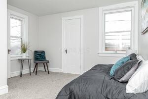 bedroom featuring multiple windows and light colored carpet