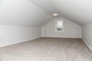 additional living space featuring light carpet and vaulted ceiling