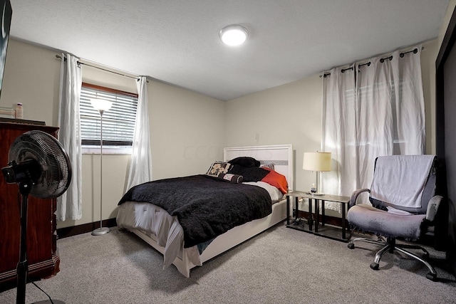 carpeted bedroom with a textured ceiling