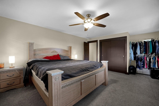 carpeted bedroom featuring ceiling fan