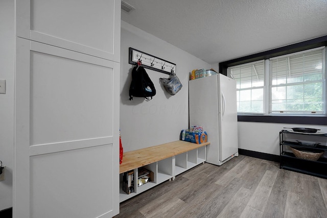 mudroom featuring a textured ceiling and light wood-type flooring