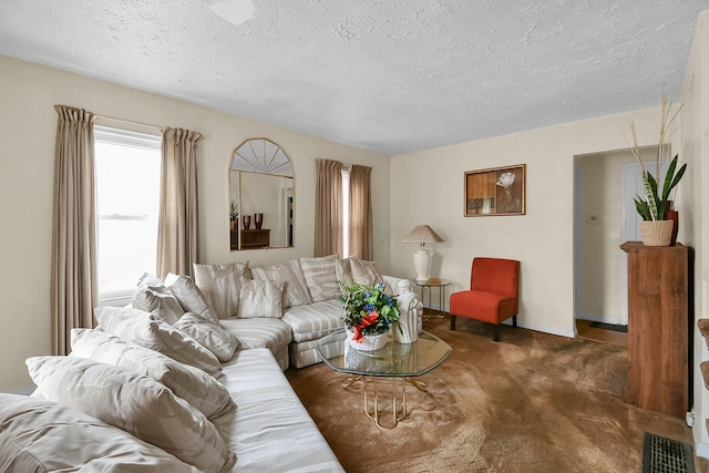 carpeted living room with a textured ceiling