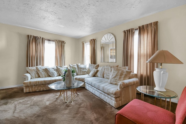 living room featuring carpet flooring and a textured ceiling