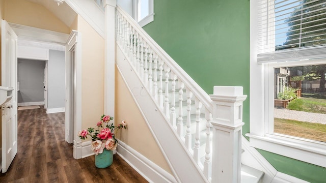 stairs featuring hardwood / wood-style floors and plenty of natural light