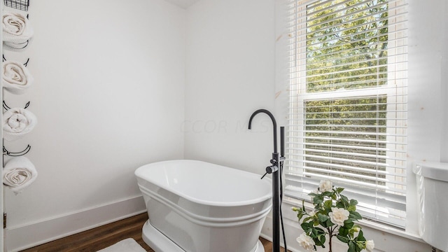 bathroom with a bath and wood-type flooring