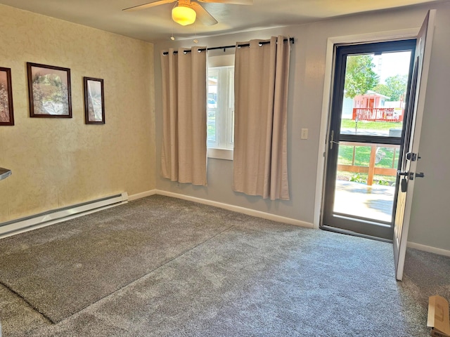 doorway to outside featuring ceiling fan, carpet floors, and a baseboard radiator