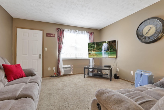 carpeted living room with a textured ceiling, a wall mounted AC, and lofted ceiling