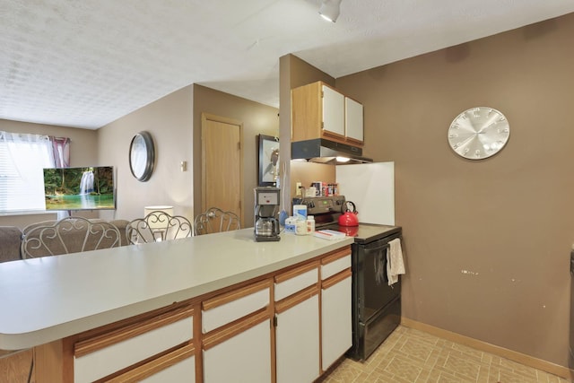 kitchen featuring white cabinets, a textured ceiling, kitchen peninsula, and black range with electric stovetop