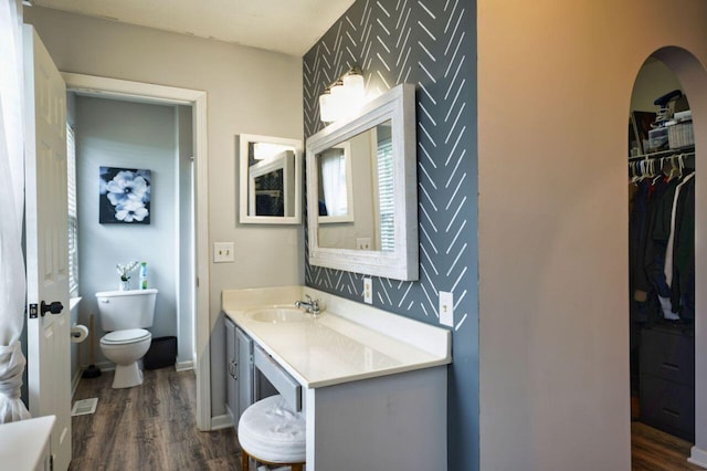 bathroom featuring hardwood / wood-style flooring, vanity, and toilet