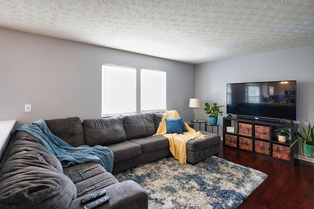 living room featuring dark hardwood / wood-style flooring and a textured ceiling