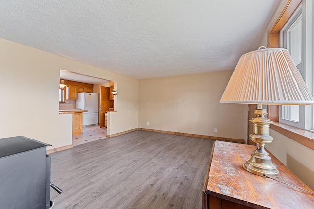 living room featuring light hardwood / wood-style floors and a textured ceiling