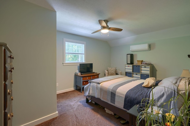 carpeted bedroom with an AC wall unit, ceiling fan, and lofted ceiling