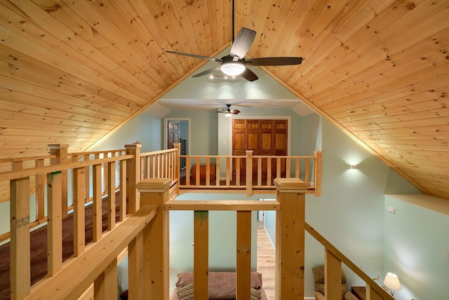 additional living space with lofted ceiling, ceiling fan, and wood ceiling