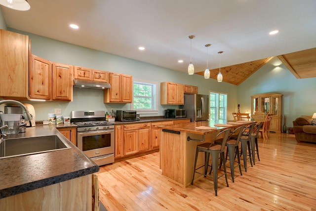 kitchen with sink, vaulted ceiling, appliances with stainless steel finishes, decorative light fixtures, and a kitchen island