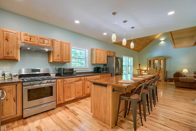 kitchen with a kitchen breakfast bar, hanging light fixtures, vaulted ceiling, a kitchen island, and stainless steel appliances