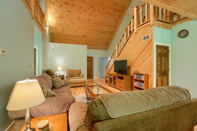 living room with wood-type flooring, high vaulted ceiling, wood walls, and wood ceiling