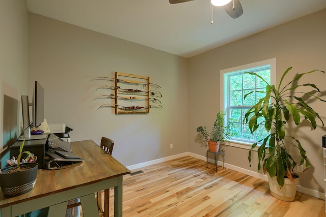 home office with ceiling fan and light hardwood / wood-style floors