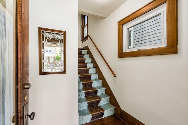 staircase featuring wood-type flooring