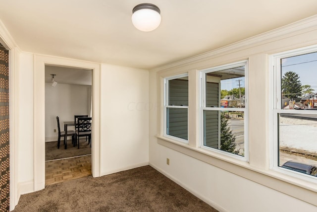 interior space with dark colored carpet