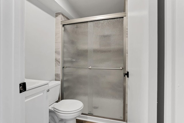 bathroom with a shower with door, vanity, and toilet