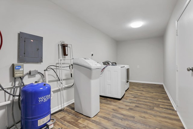 laundry room featuring washer and clothes dryer, dark wood-type flooring, and electric panel