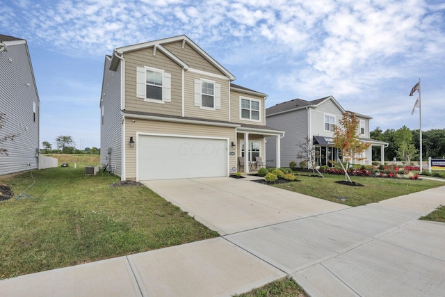 view of front of home featuring cooling unit, a front lawn, and a garage