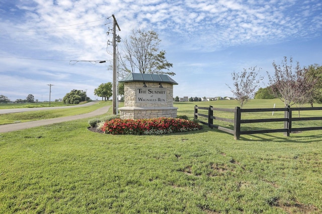 community sign with a rural view and a lawn