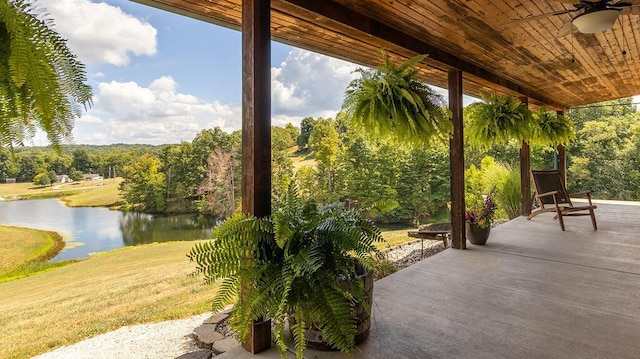 view of patio / terrace featuring ceiling fan and a water view