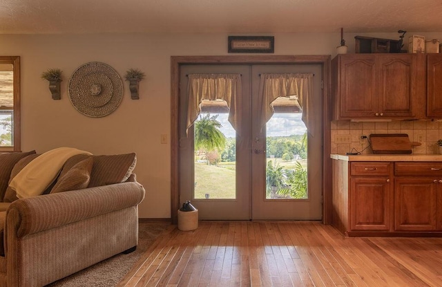 doorway featuring light wood-type flooring and french doors