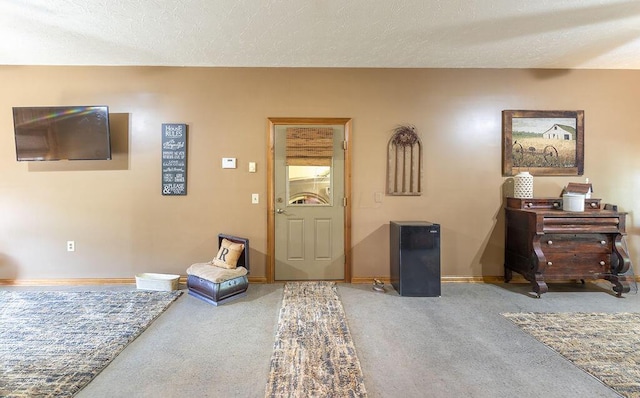 living area featuring carpet floors and a textured ceiling