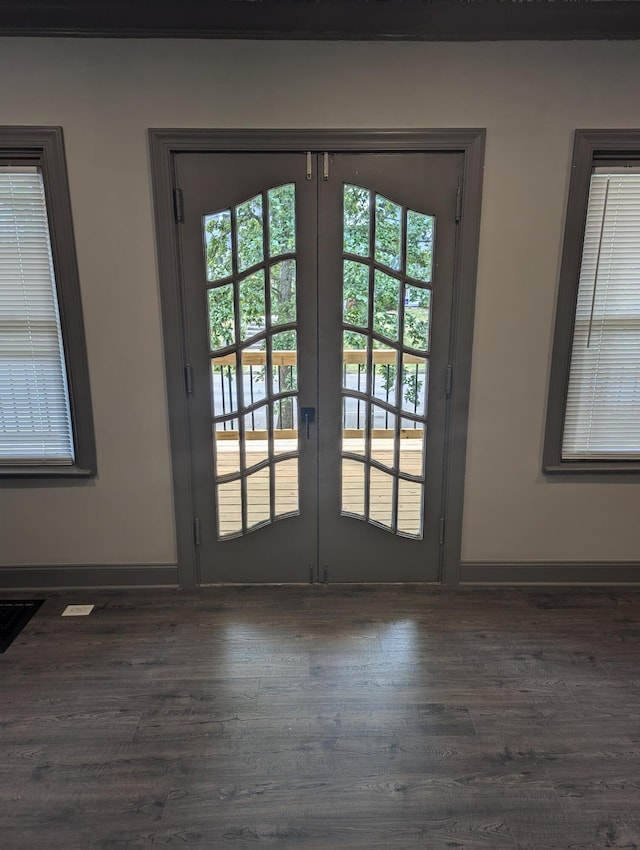 doorway with dark hardwood / wood-style floors, a wealth of natural light, and french doors