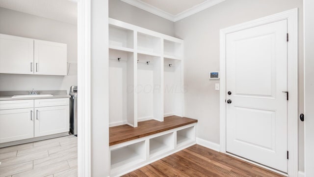 mudroom with light hardwood / wood-style floors, ornamental molding, and sink