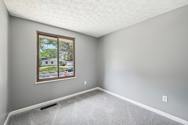 spare room featuring carpet flooring and a textured ceiling